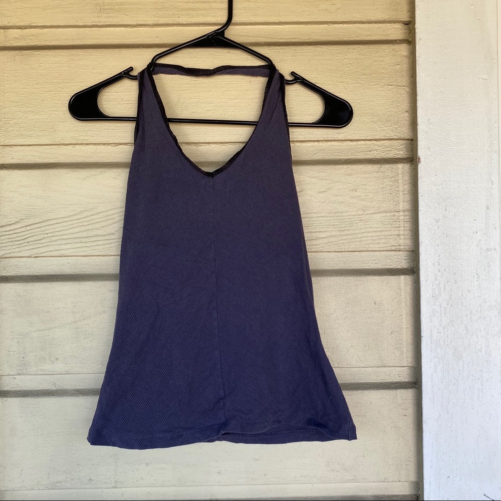 Blueish-purple striped halter exercise top